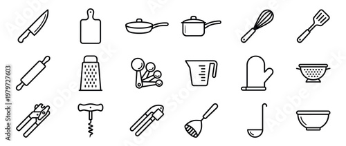 Various kitchen utensils and cooking tools are presented as simple black outline icons on a clean white surface