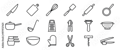 Comprehensive collection of various kitchen utensils and cooking tools presented as simple black outline icons on a clean surface