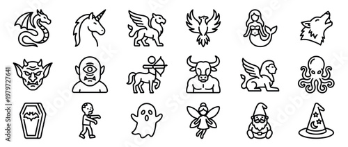 Collection of mythical creatures and fantasy elements depicted as simple black outline icons on a clean white surface