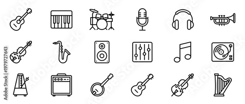 Collection of various musical instruments and audio equipment depicted as simple black outline icons on a white surface