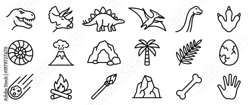 Various prehistoric and dinosaur-themed outline icons are neatly arranged, depicting ancient creatures, natural elements, and early human tools in a simple, clean style