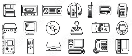 Collection of retro technology outline icons, including a floppy disk, cassette, VHS, Walkman, and vintage computer