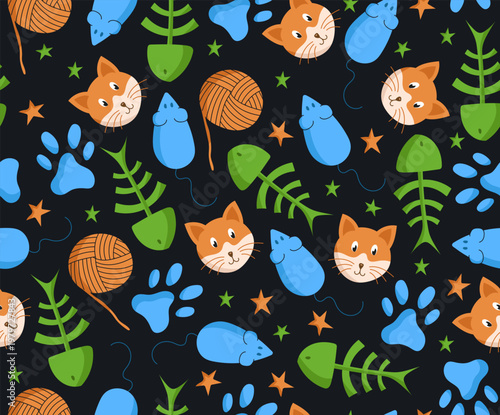 Seamless pattern featuring cats and playful cat-themed elements. Perfect for pet products, textiles, wrapping paper, kids designs, and animal-themed branding.