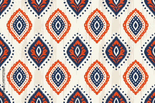 Ikat seamless diamond pattern with orange and navy geometric tribal motifs on cream background, ethnic decorative textile design suitable for fabric, wallpaper, wrapping, and surface prints.