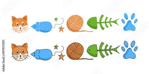 Set of cute cat-themed illustrations including a cat, paw print, ball of yarn, fish, and mouse. Playful collection of hand-drawn elements perfect for pet-related designs, kids projects, packaging.