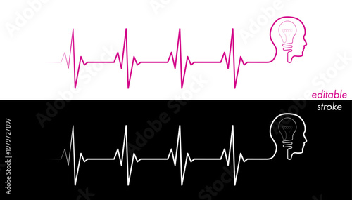 Editable cardiogram monitor, cardio diagnosis, male, man head bulb vector. Heart rhythm line vector design to use for healthcare, healthy lifestyle, medical strategy, medical business, medical care. 