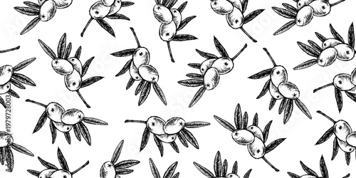 Seamless pattern featuring hand-drawn sketch olives with delicate leaves. Natural organic background with Mediterranean vibe, perfect for food packaging, kitchen textiles, branding, wallpapers.
