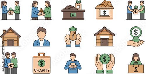 Professional Charity and Donation Vector Illustration Set Featuring People Giving Money Food and Help Isolated on White Background for Philanthropy Designs