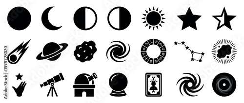Comprehensive collection of black celestial and astrological icons, including planets, stars, moons, and cosmic elements, presented in a clean graphic style