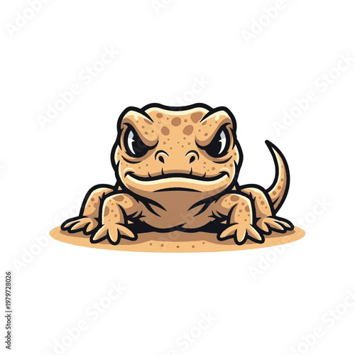 Cartoon angry lizard sitting down.