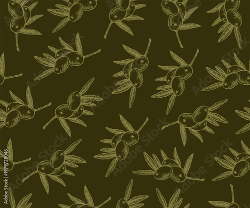 Seamless pattern featuring hand-drawn sketch olives with delicate leaves. Natural organic background with Mediterranean vibe, perfect for food packaging, kitchen textiles, branding, wallpapers.