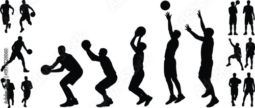 Basketball silhouettes collection, jump shot sequence poses, dribbling passing defending players, athletic sports illustration, black isolated design, dynamic motion icons