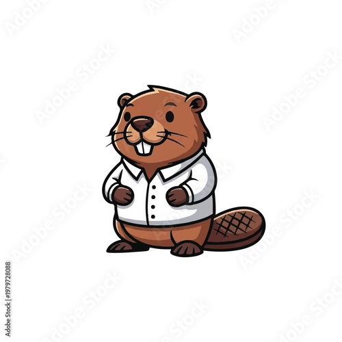 Cartoon beaver wearing white shirt standing.
