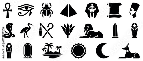 Collection of ancient Egyptian black silhouette icons including ankh, Eye of Horus, scarab, pyramid, and pharaoh