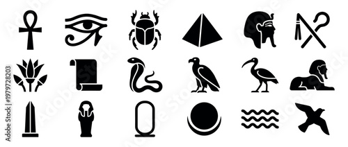 Collection of black Egyptian hieroglyphics and ancient symbols, including the ankh, Eye of Horus, scarab, and pyramid, presented as clear silhouettes