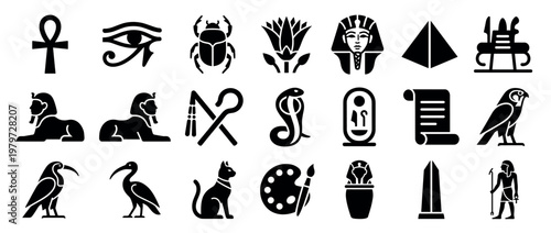 Various ancient Egyptian black silhouette icons depicting cultural symbols, deities, and artifacts in a clean, modern graphic style