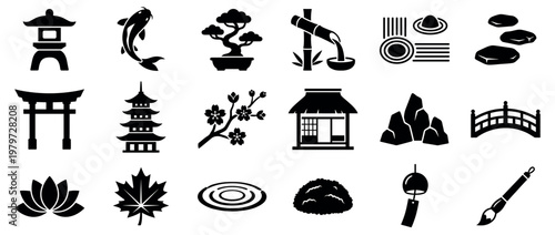 This collection of black silhouette Japanese garden icons features traditional elements like a pagoda, torii gate, koi fish, and bonsai tree