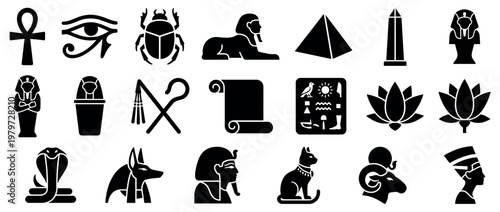 Collection of ancient Egyptian black silhouette icons, including symbols like the ankh, Eye of Horus, scarab, sphinx, pyramid, and obelisk