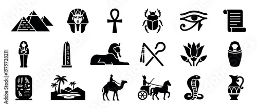 Collection of ancient Egyptian black silhouette icons featuring pyramids, pharaoh, ankh, scarab, and other cultural symbols