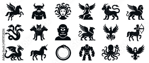 Collection of various black mythical creatures and legendary beasts, depicted as bold, stylized, and iconic silhouette illustrations