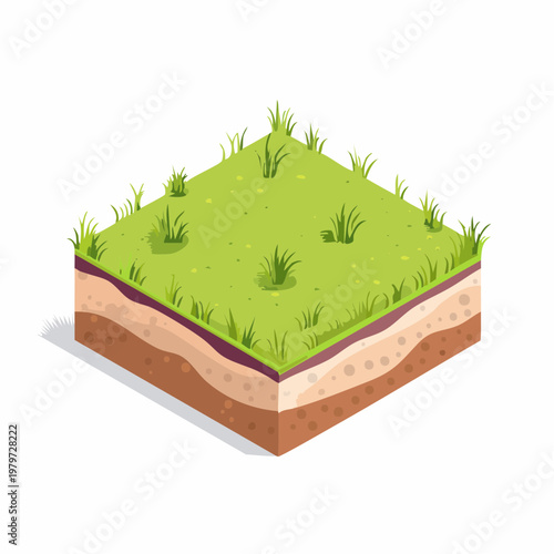 Isometric soil cross-section with green grass and earth layers