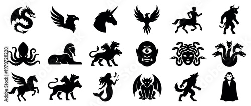 Collection of various mythical creatures and monsters depicted as black silhouettes, showcasing fantasy and folklore themes