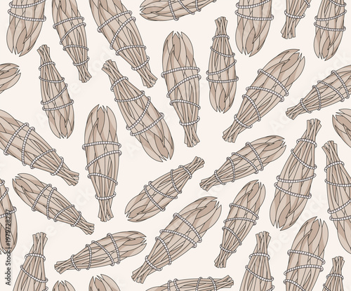 Seamless pattern featuring white sage bundles tied with string. Hand-drawn botanical illustration. Ideal for wellness branding, spiritual themes, herbal products, packaging, textiles.