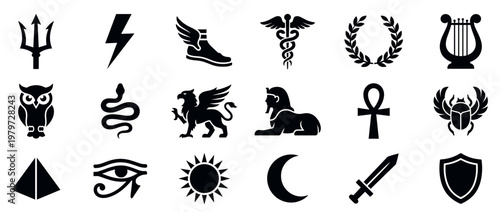 Collection of black mythological and ancient symbols, including a trident, lightning bolt, owl, and sphinx, arranged neatly