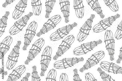 Seamless pattern featuring white sage bundles tied with string. Hand-drawn botanical illustration. Ideal for wellness branding, spiritual themes, herbal products, packaging, textiles.