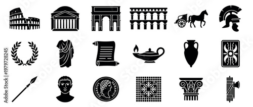 Comprehensive collection of black silhouette Roman Empire icons, including famous landmarks, historical figures, and cultural artifacts, presented in a clean, graphic style