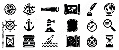 Various black navigation and adventure icons including compass, anchor, map, and spyglass, presented in a clean, graphic style