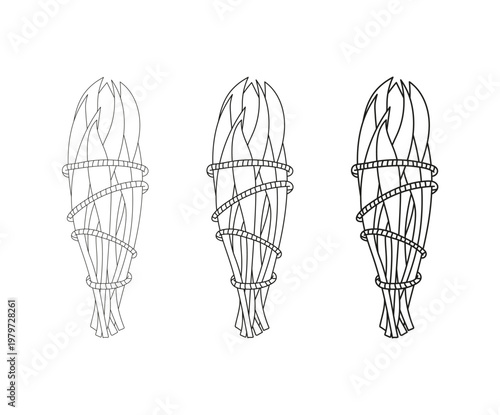 Set of hand-drawn white sage illustrations, including leaves and bundles tied with string. Botanical collection with a natural, earthy aesthetic, perfect for wellness branding, herbal products.