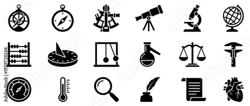 Comprehensive collection of black silhouette icons representing various scientific instruments and historical tools for measurement and observation