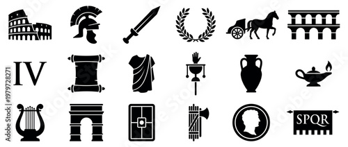 Comprehensive collection of black silhouette icons representing various aspects of ancient Roman culture and history, presented in a clean, graphic style