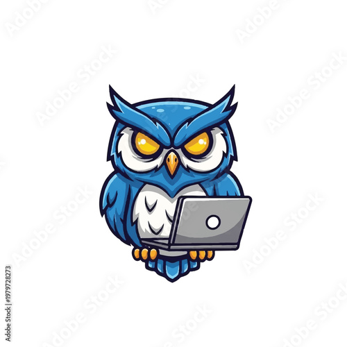 Cartoon blue owl with laptop.