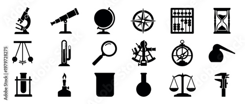 Collection of black silhouette science and measurement icons, including a microscope, telescope, globe, and hourglass, arranged neatly