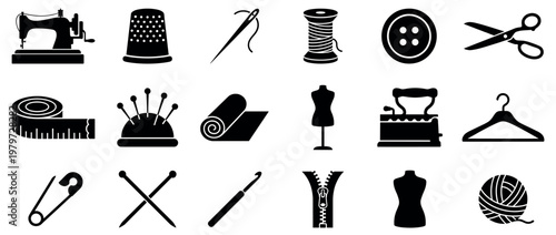 Comprehensive collection of black silhouette sewing and tailoring tools, including a sewing machine, thimble, needle, and thread