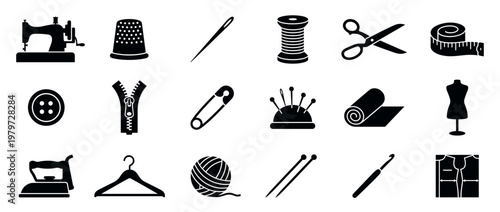 Various black silhouette sewing and tailoring tools are neatly arranged in a grid pattern, showcasing essential craft items