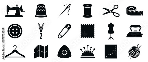 Comprehensive collection of black silhouette sewing and tailoring tools, including a machine, needle, thread, and fabric, presented as clear vector icons