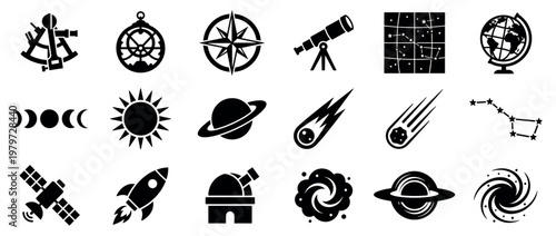Comprehensive collection of black astronomy and navigation icons, including planets, stars, telescopes, and celestial phenomena, presented in a clean, graphic style