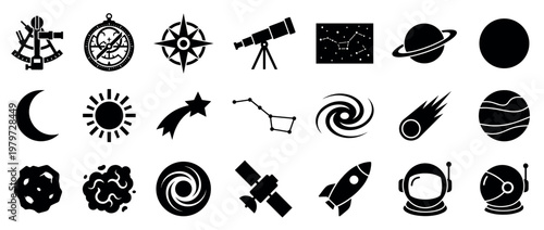Comprehensive collection of black silhouette astronomy and space icons, including planets, stars, rockets, and navigational tools, presented in a clean, graphic style