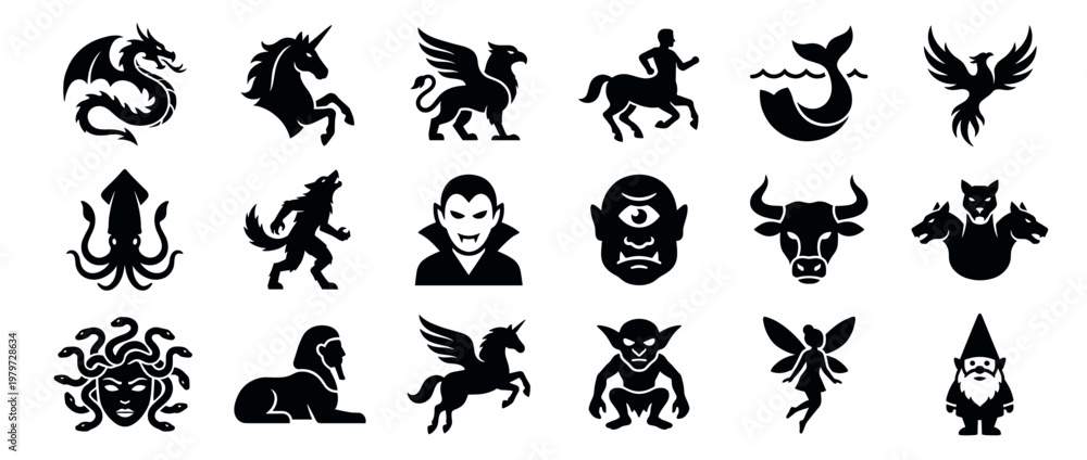 Fototapeta premium Large collection of various black mythical creatures and fantasy characters in a simple, bold silhouette style