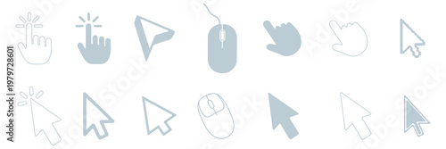 Set of cursor icons click and hand cursor icons click isolated on background. A clean minimalist black and white vector icon set featuring multiple computer mouse cursor symbols and hand click pointer