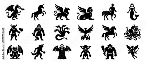 Collection of various mythical creatures and fantasy characters depicted as black silhouettes in a clean, graphic style