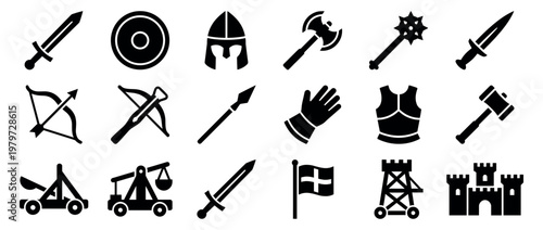 Collection of black medieval weapon and armor icons, including swords, shields, helmets, and siege equipment, presented in a clean, graphic style