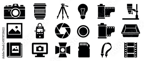 Comprehensive collection of black photography equipment icons, including cameras, lenses, tripods, and film, presented in a clean graphic style