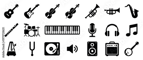 Various black silhouette musical instrument and audio equipment icons are neatly arranged in rows, creating a comprehensive collection of music-related symbols