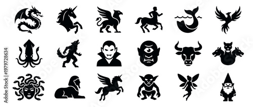 Large collection of various black mythical creatures and fantasy characters in a simple, bold silhouette style