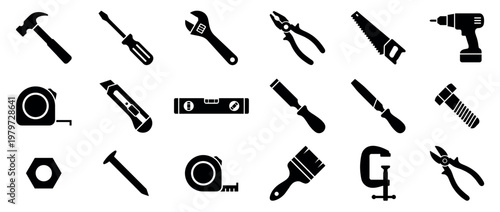 Comprehensive collection of various black silhouette construction and repair tools, including a hammer, screwdriver, wrench, and saw, presented as clean icons