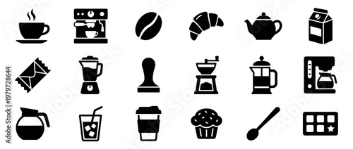 Collection of black coffee and breakfast related icons, including cups, machines, beans, and pastries, presented in a clean, graphic style